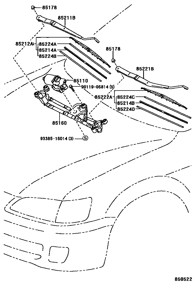 Toyota CAMRY 挡风玻璃刮水器 EPC diagram — 850522