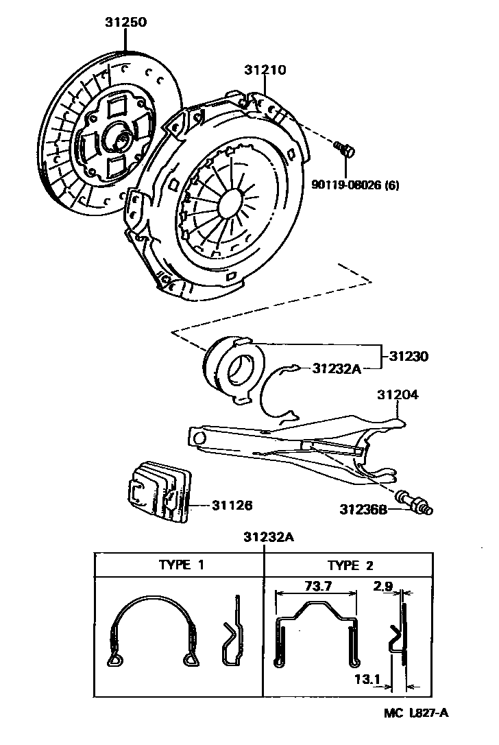 Toyota CAMRY 离合器和分离叉 EPC diagram — MCL827A