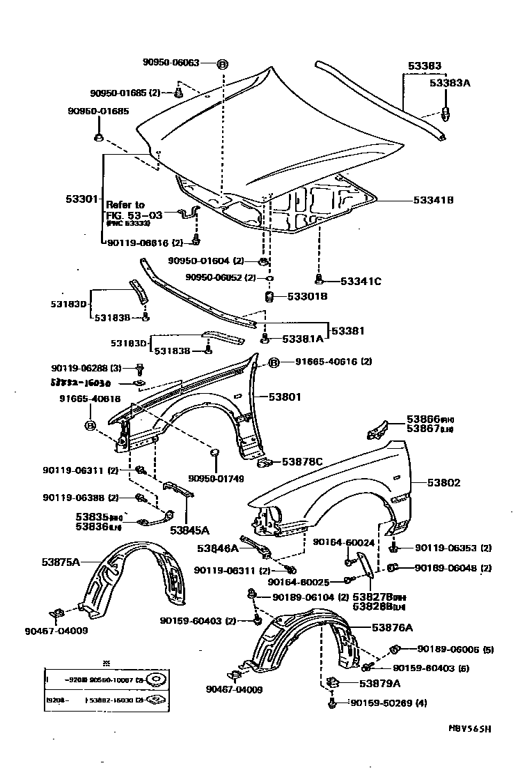 Toyota CAMRY 发动机盖和前翼子板 EPC diagram — MBV565H