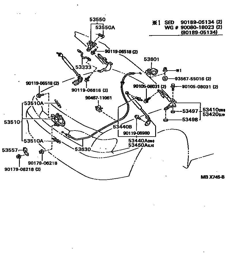 Toyota CAMRY 发动机盖锁和铰链 EPC diagram — MBX745B