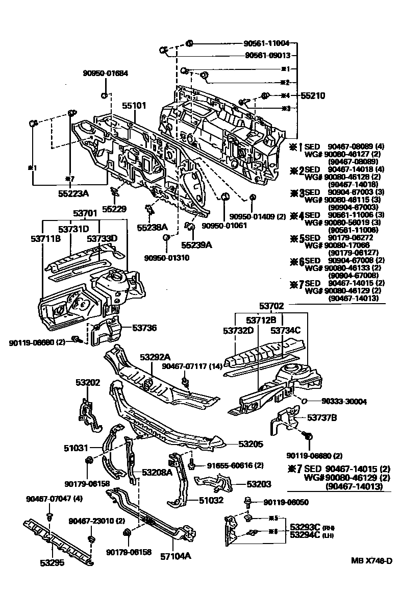 Toyota CAMRY 前翼子板挡泥板和前围板 EPC diagram — MBX746D