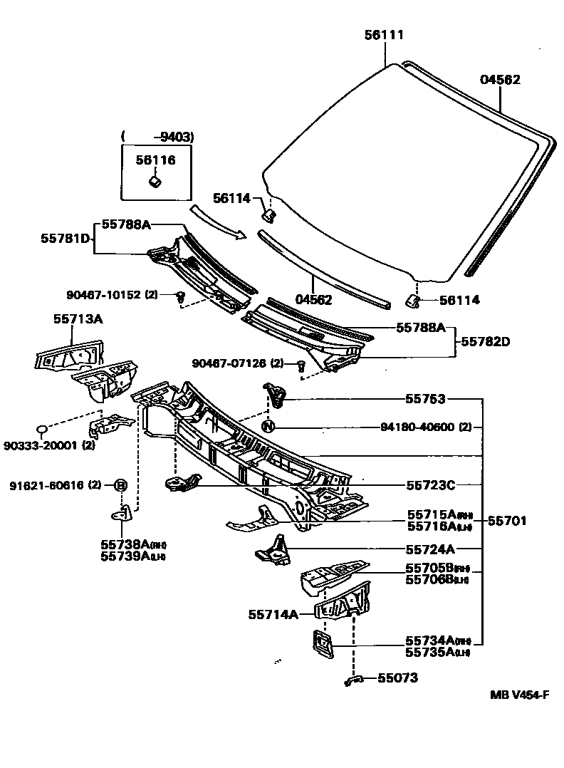 Toyota CAMRY 前围板和挡风玻璃 EPC diagram — MBV454F
