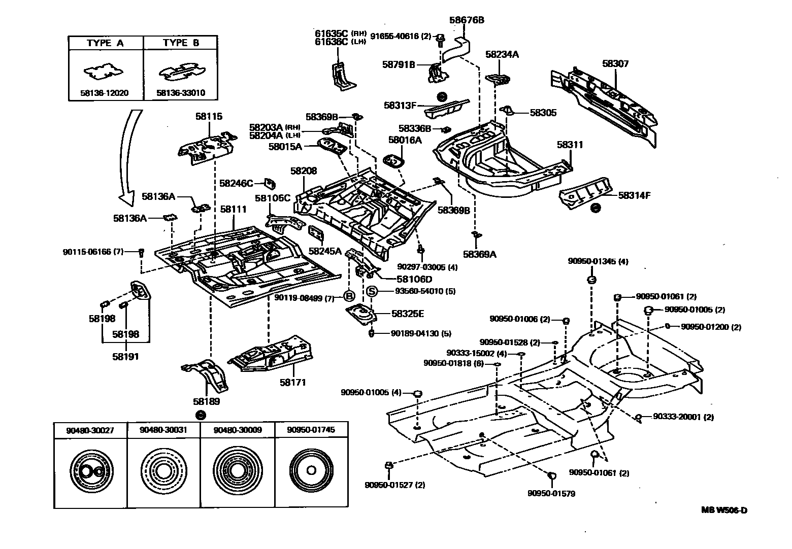 Toyota CAMRY 浅盘形地板和车身下背板 EPC diagram — MBW506D