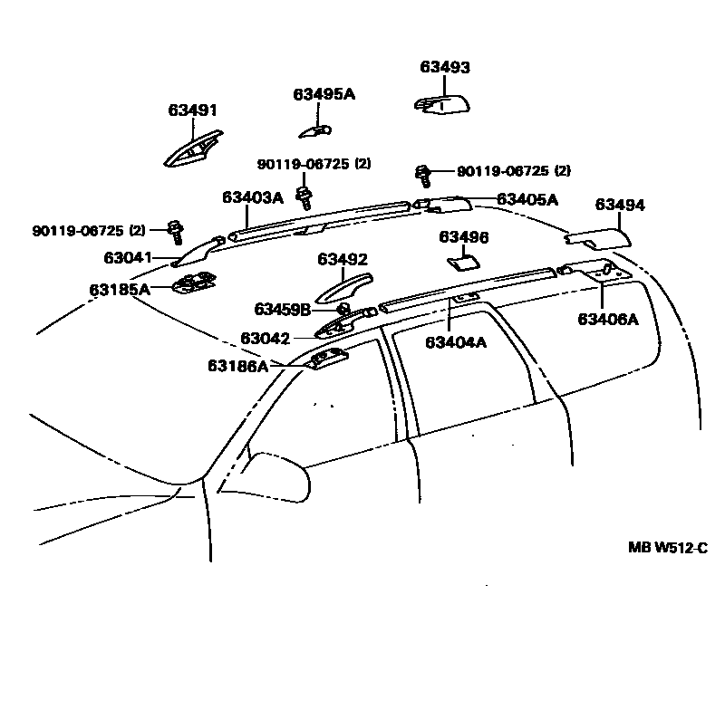 Toyota CAMRY 天窗板和背窗玻璃 EPC diagram — MBW512C