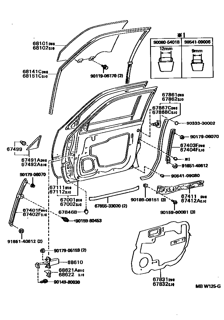Toyota CAMRY 前门板和前门玻璃 EPC diagram — MBW125G