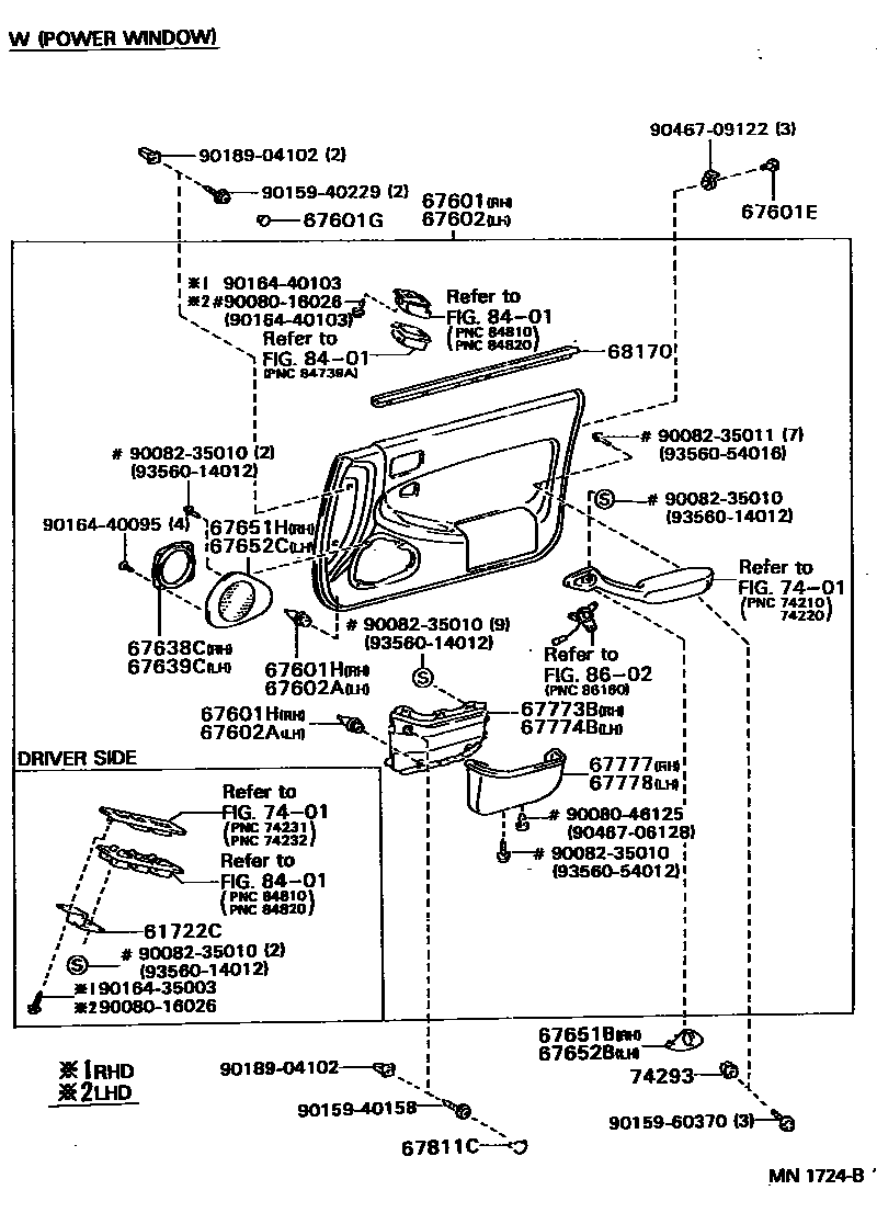 Toyota CAMRY 前门板和前门玻璃 EPC diagram — MN1724B