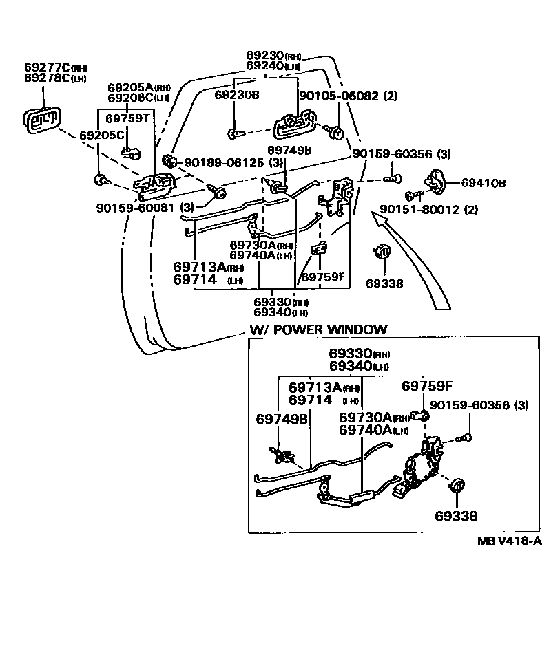 Toyota CAMRY 后门锁和后门把手 EPC diagram — MBV418A