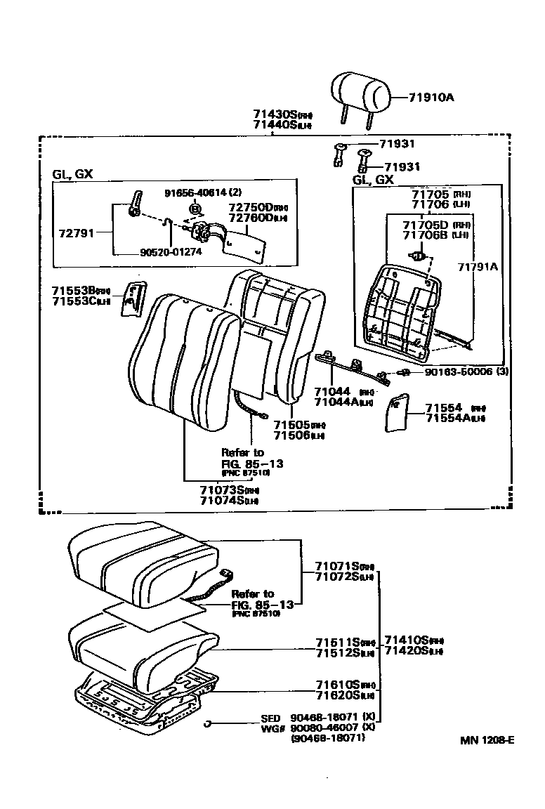 Toyota CAMRY 前排座椅和座椅滑轨 EPC diagram — MN1208E