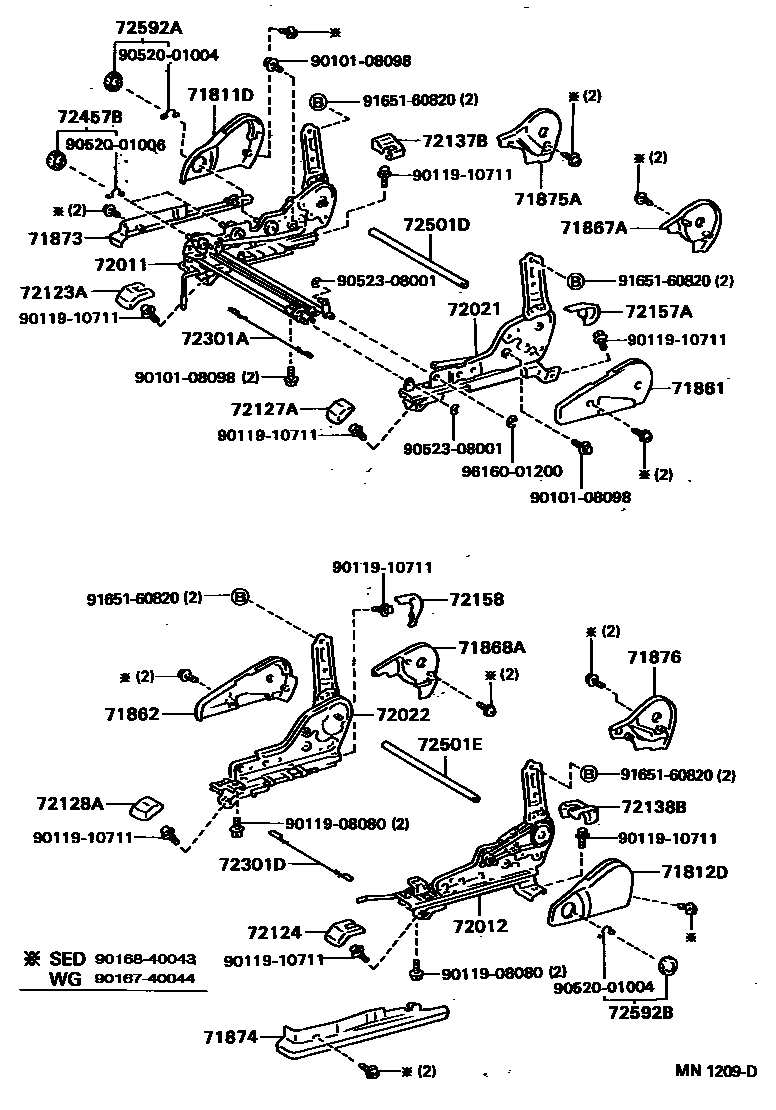 Toyota CAMRY 前排座椅和座椅滑轨 EPC diagram — MN1209D