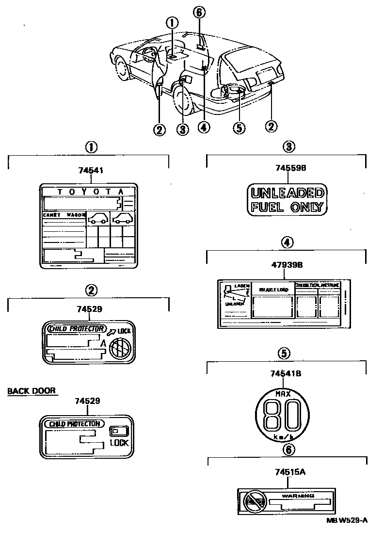 Toyota CAMRY 警示铭牌(车外和车内) EPC diagram — MBW529A