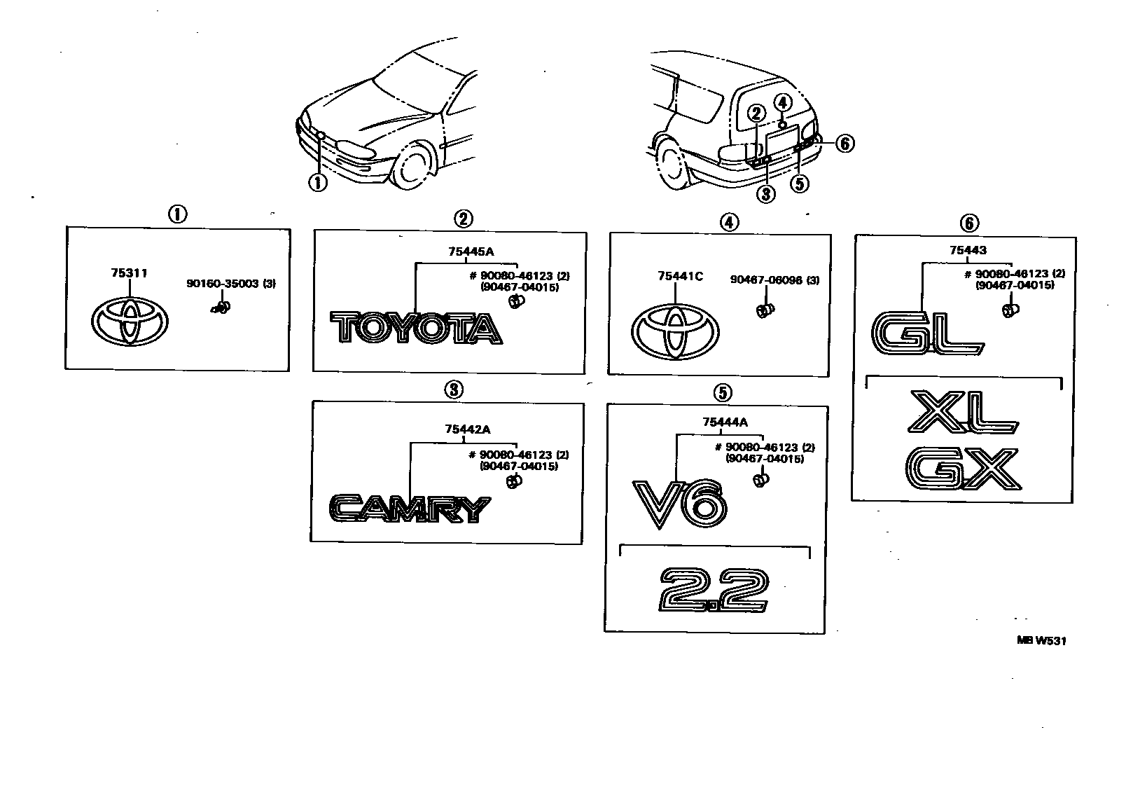 Toyota CAMRY 丰田徽标和铭牌(车外和车内) EPC diagram — MBW531