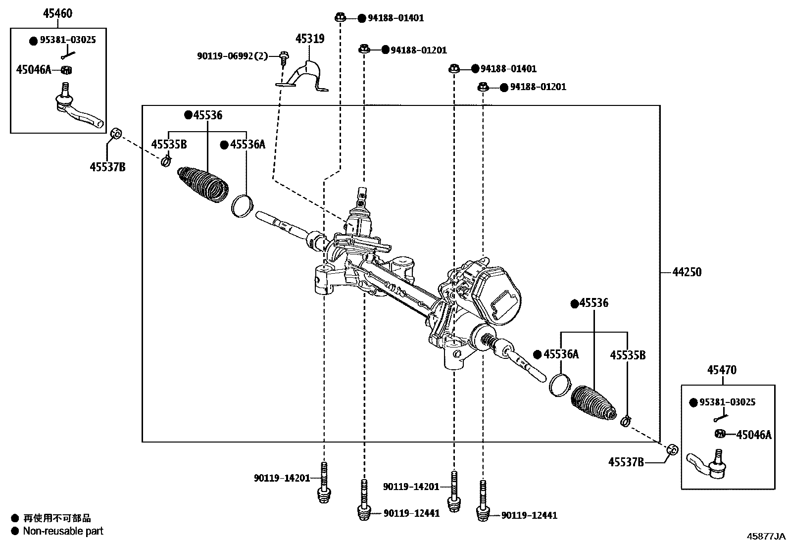 Toyota CAMRY 前转向齿轮和连杆 EPC diagram — 45877JA