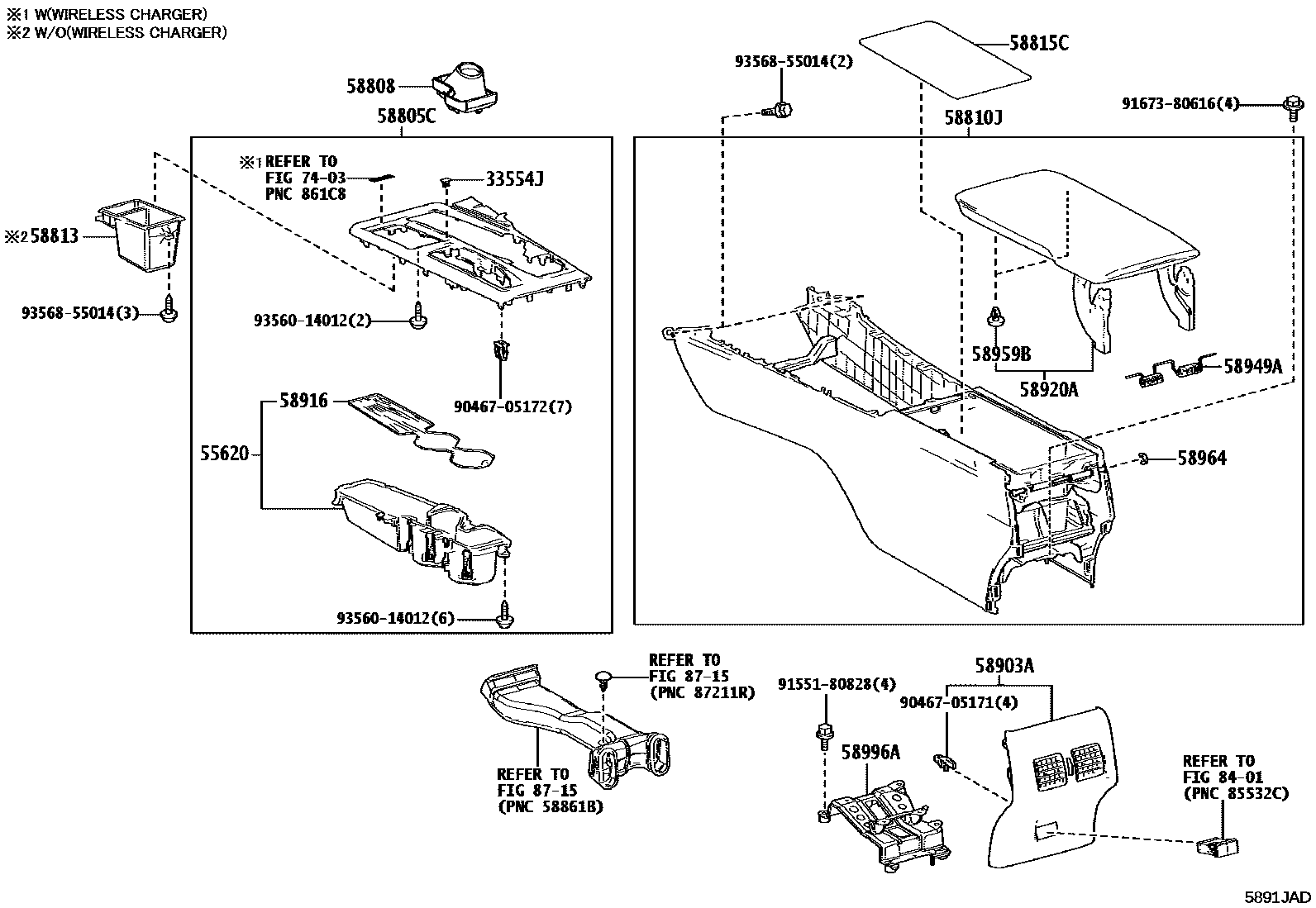 Toyota CAMRY 中央扶手箱和支架 EPC diagram — 5891JAD