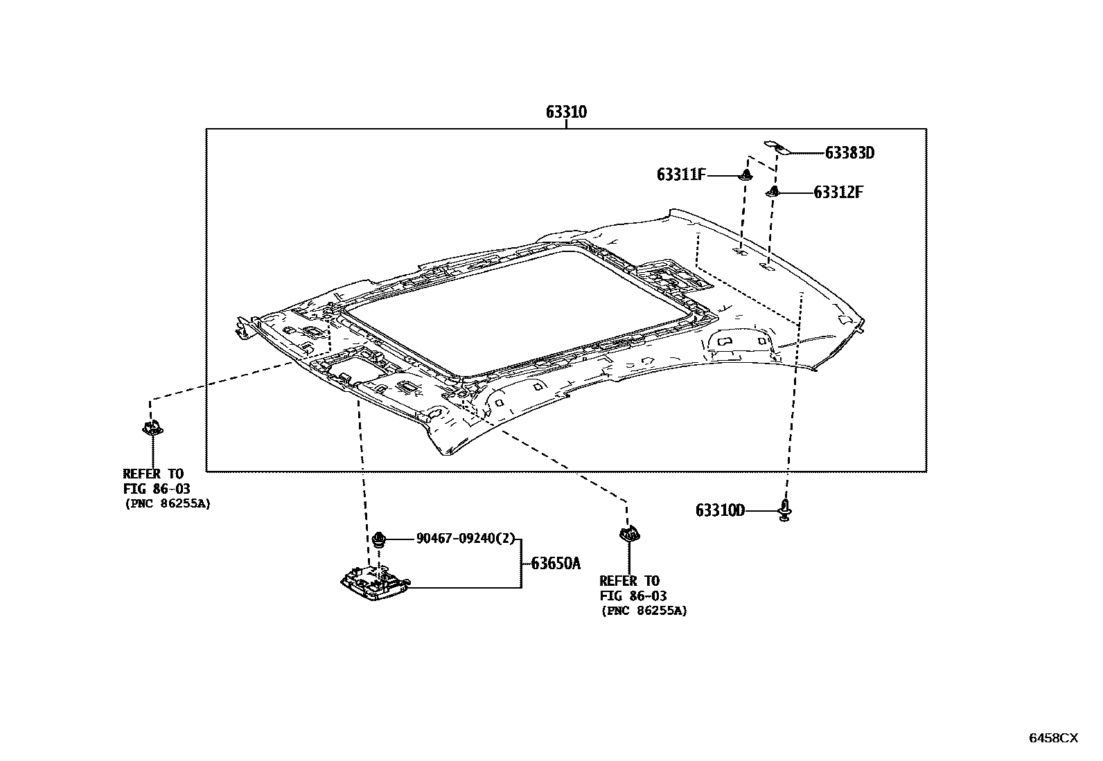 Toyota CAMRY 车顶内衬和消声垫 EPC diagram — 6458CX