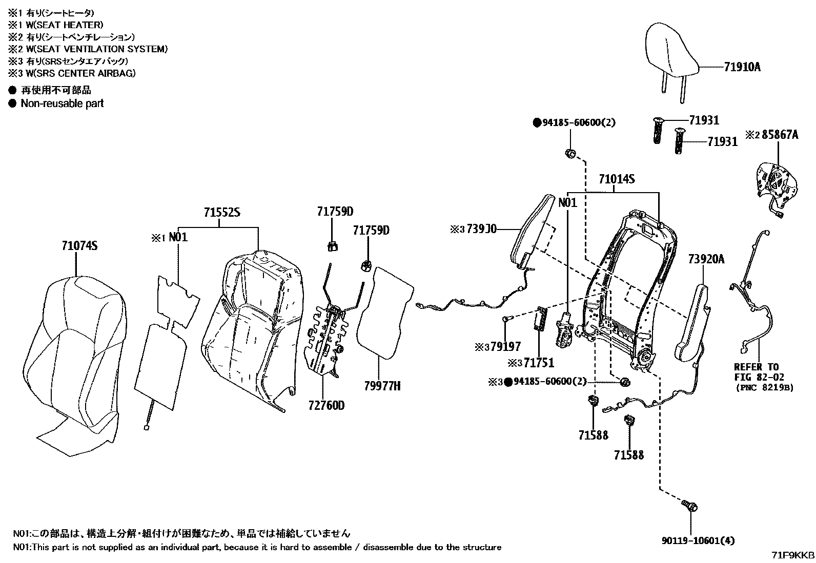 Toyota CAMRY 前排座椅和座椅滑轨 EPC diagram — 71F9KKB