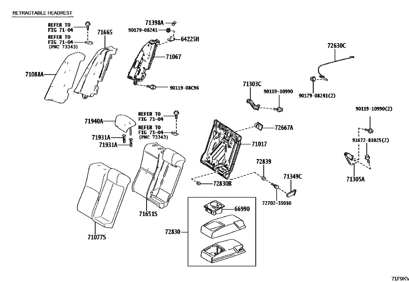 Toyota CAMRY 后排座椅和座椅滑轨 EPC diagram — 71F9KV