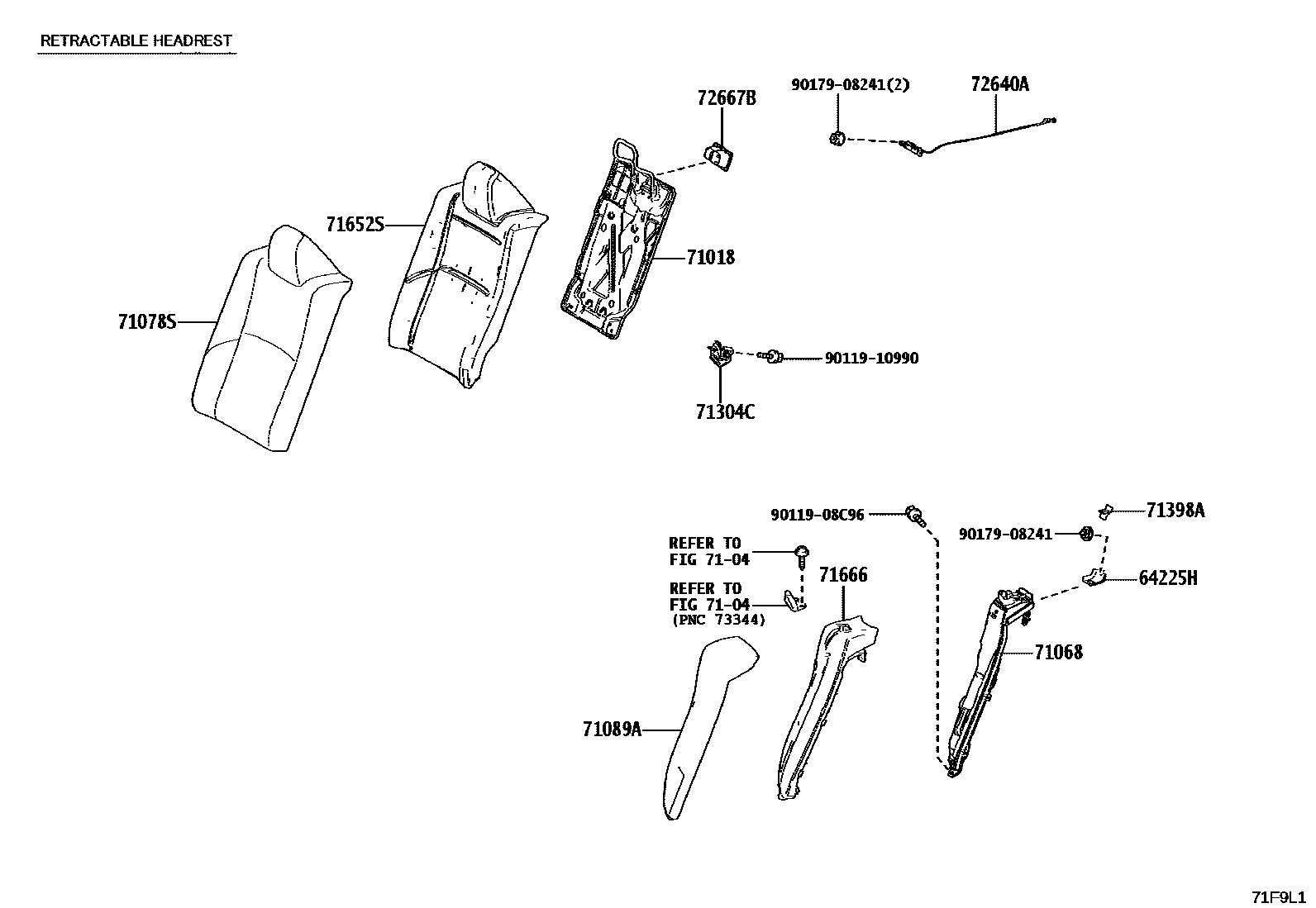 Toyota CAMRY 后排座椅和座椅滑轨 EPC diagram — 71F9L1