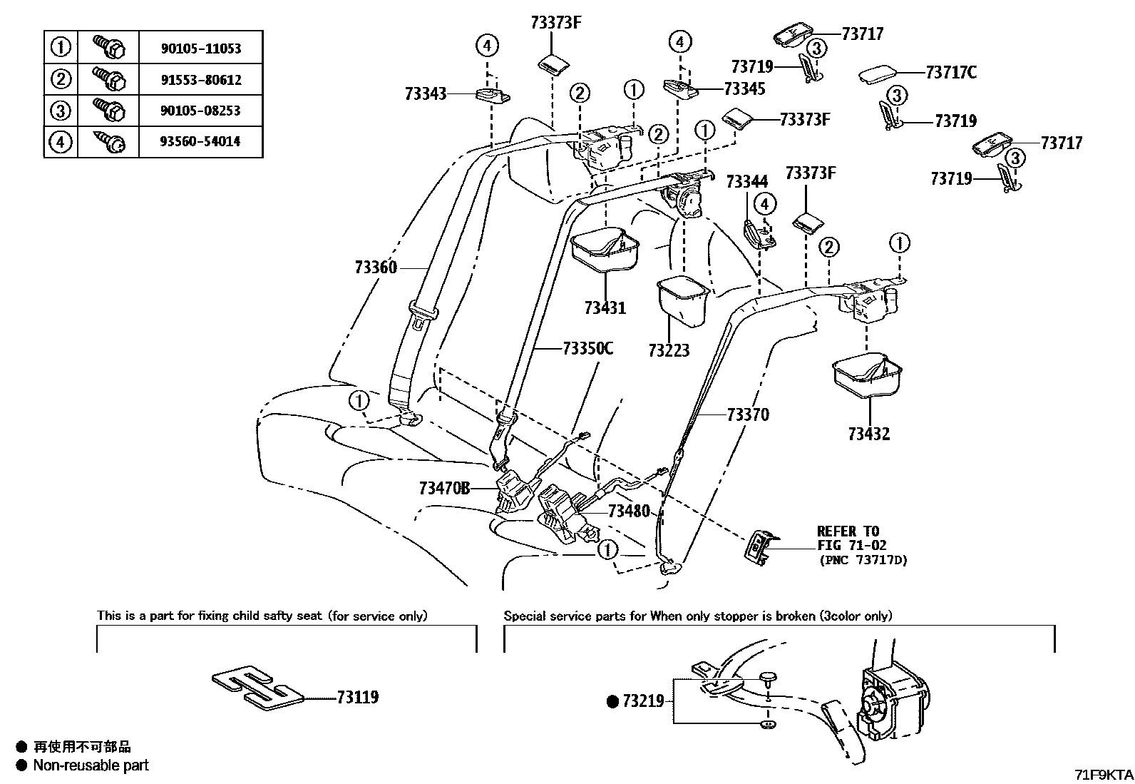 Toyota CAMRY 安全带和儿童保护座椅 EPC diagram — 71F9KTA