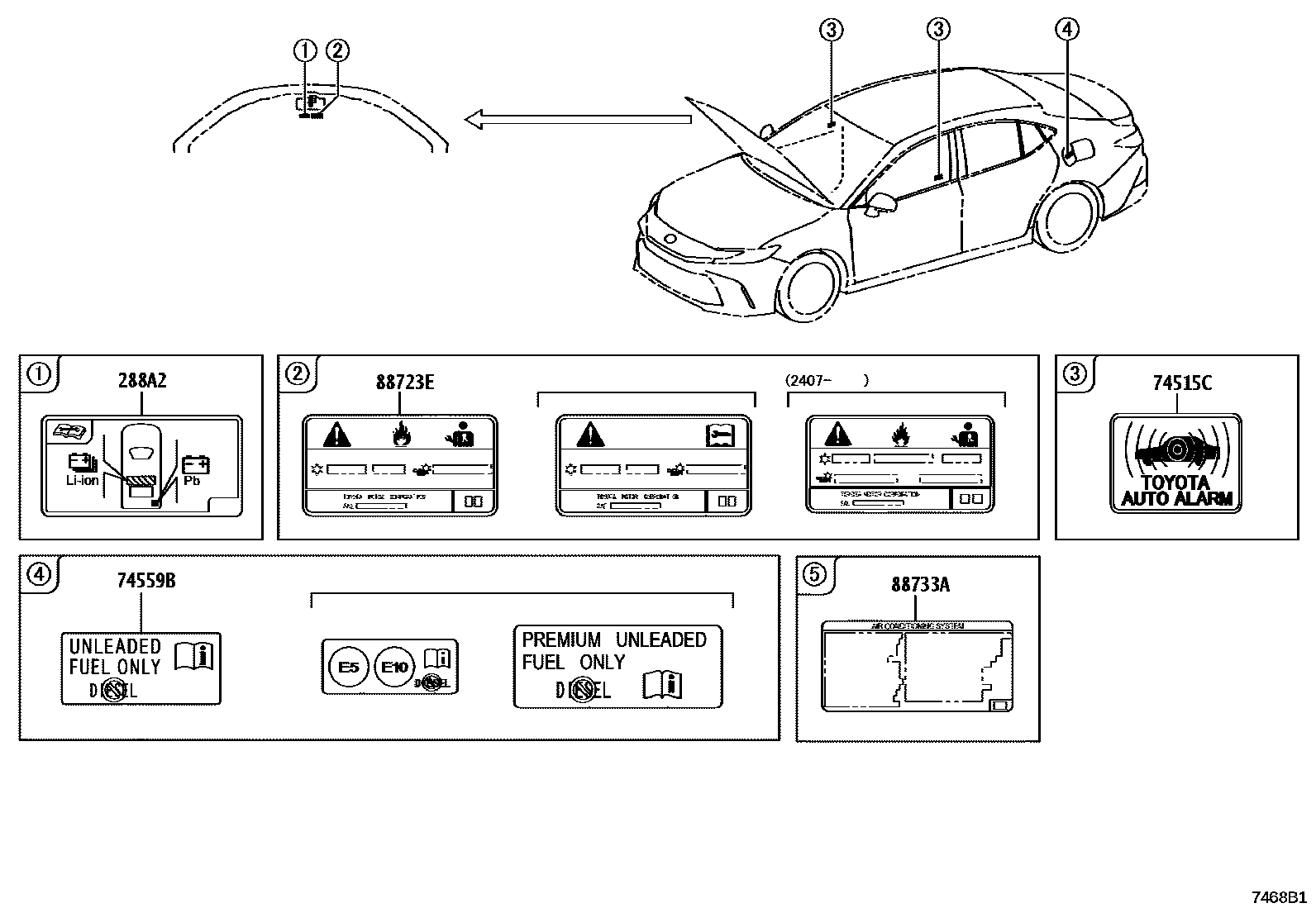 Toyota CAMRY 警示铭牌(车外和车内) EPC diagram — 7468B1A