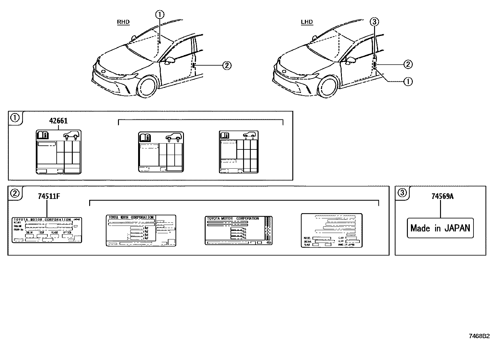 Toyota CAMRY 警示铭牌(车外和车内) EPC diagram — 7468B2