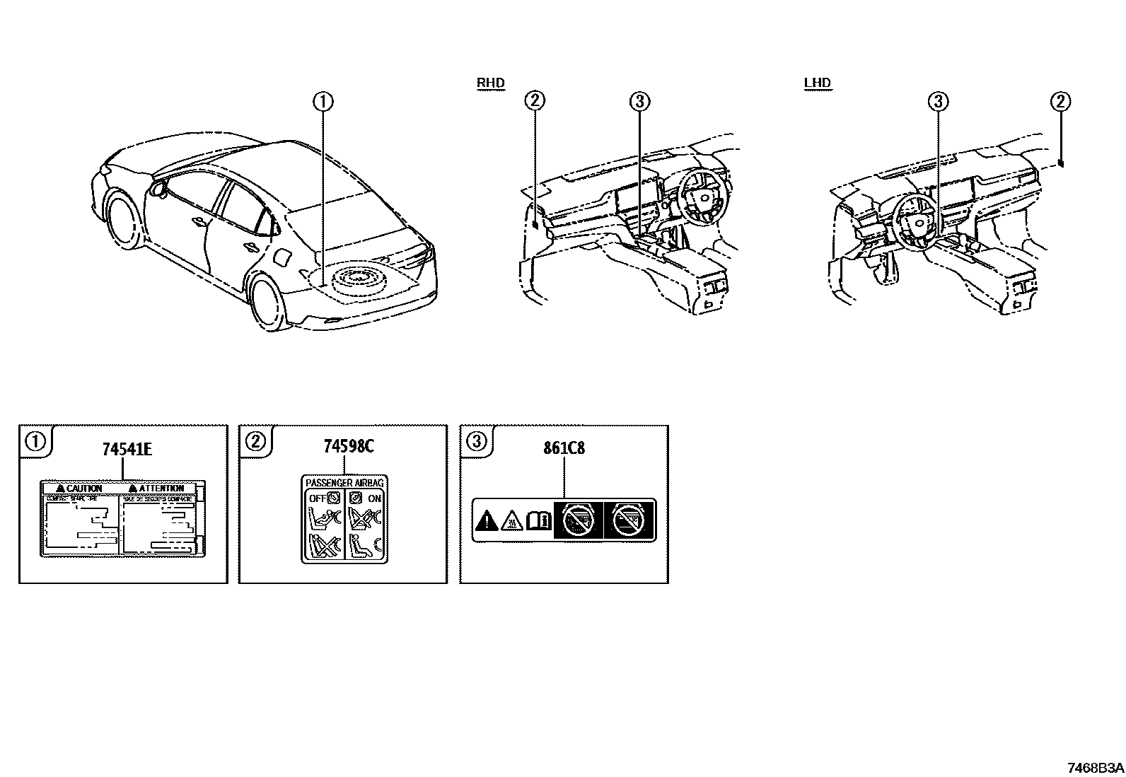 Toyota CAMRY 警示铭牌(车外和车内) EPC diagram — 7468B3A