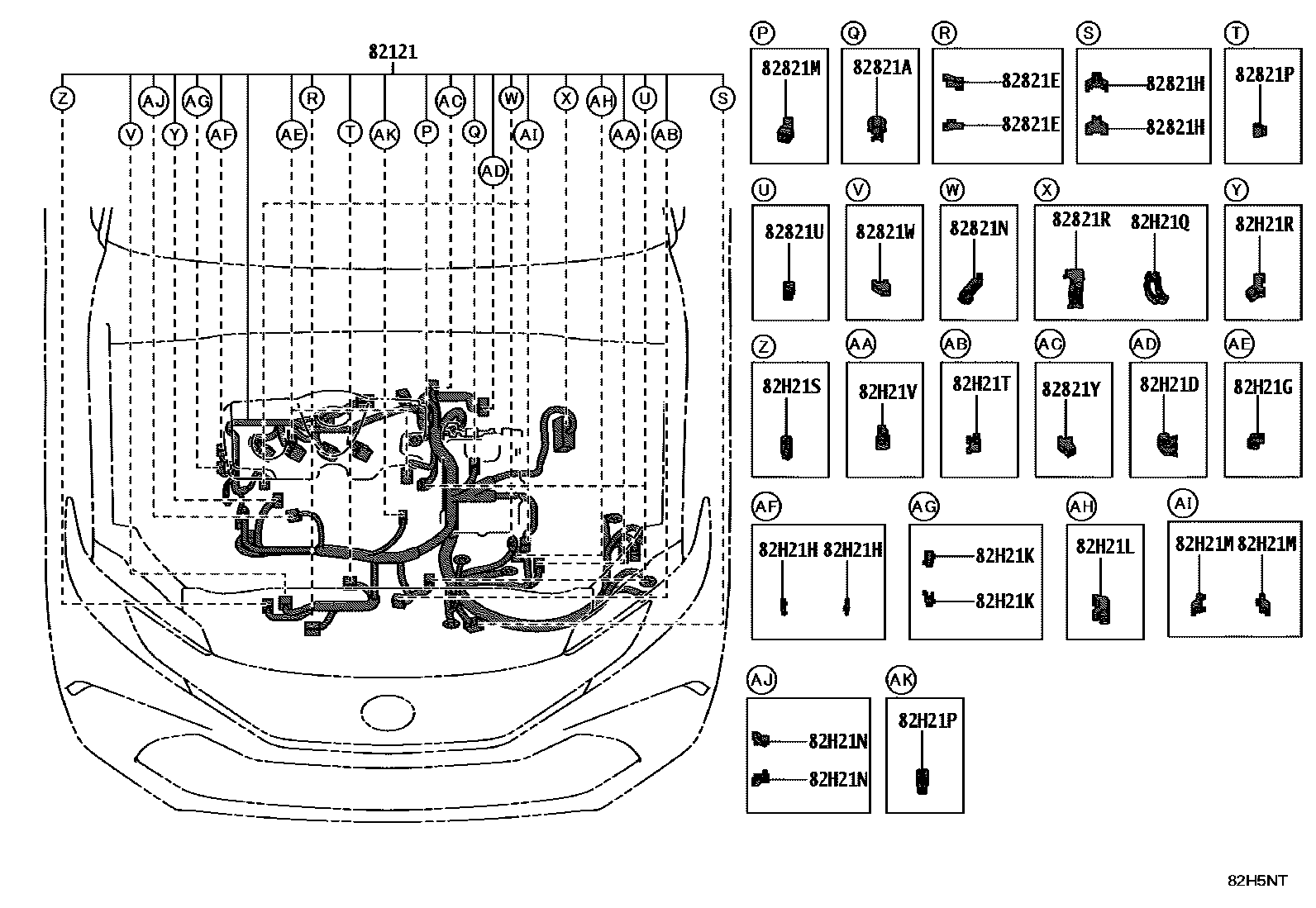 Toyota CAMRY 线束和卡夹 EPC diagram — 82H5NT