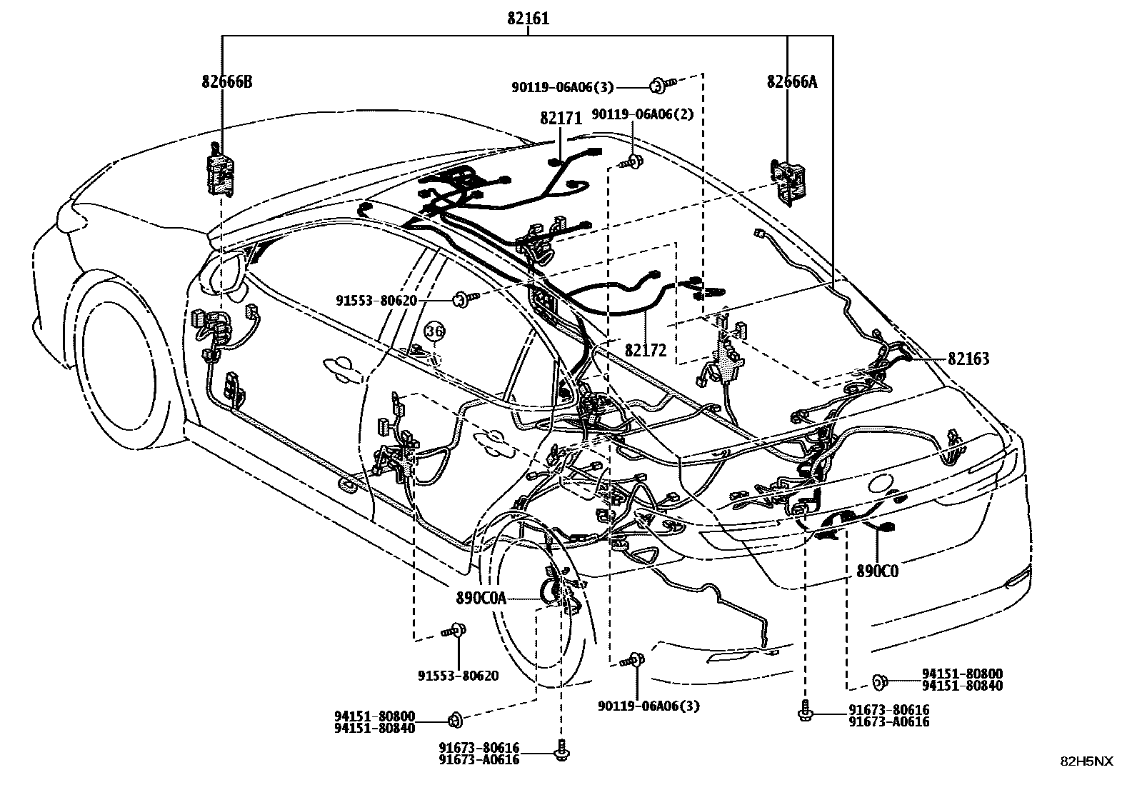Toyota CAMRY 线束和卡夹 EPC diagram — 82H5NX