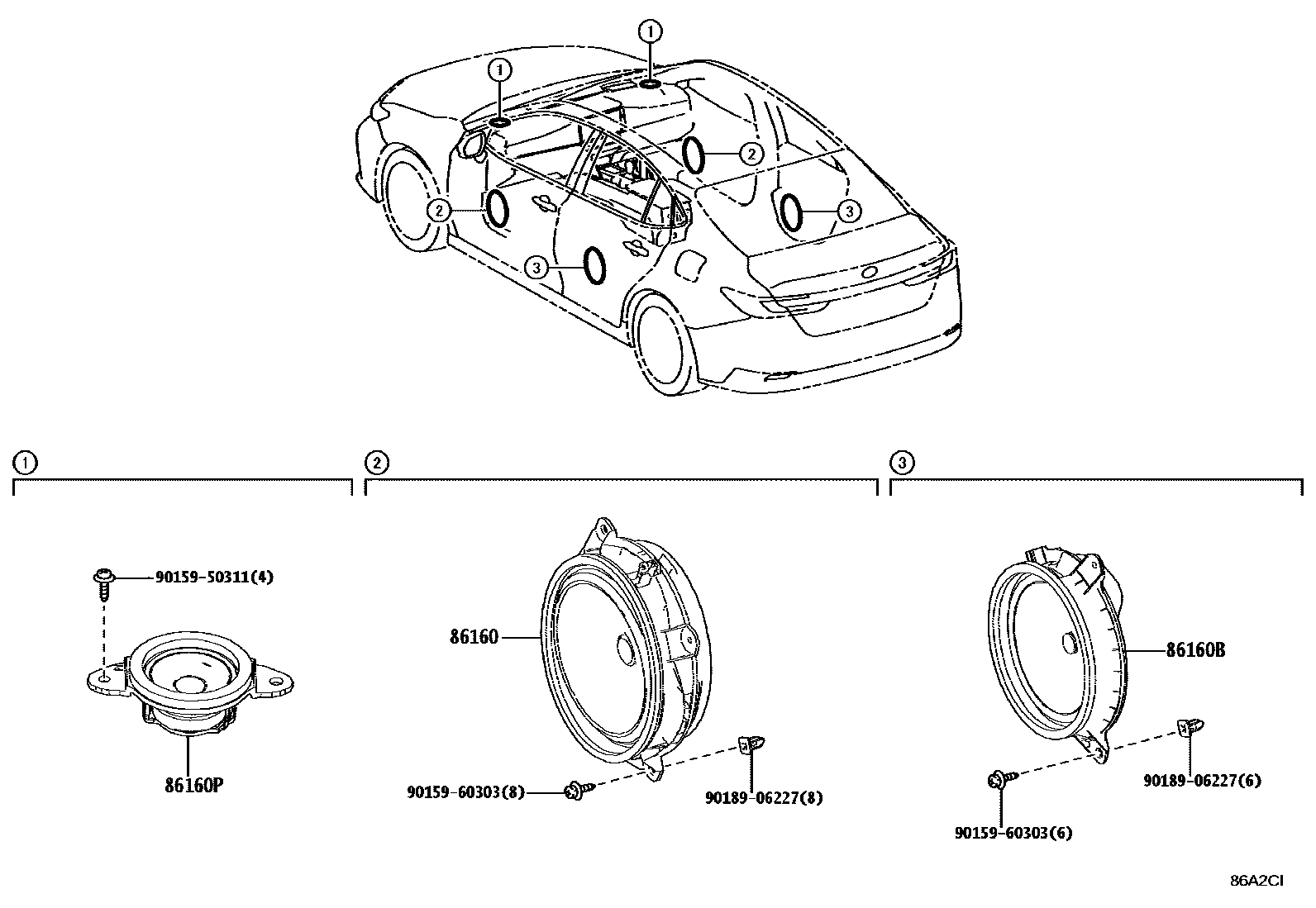 Toyota CAMRY 扬声器 EPC diagram — 86A2CI