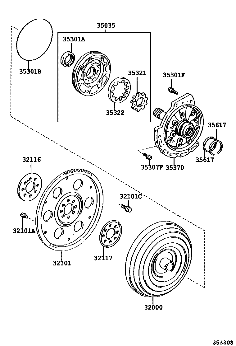 Toyota CAMRY 变矩器、前油泵和链条(ATM) EPC diagram — 353308
