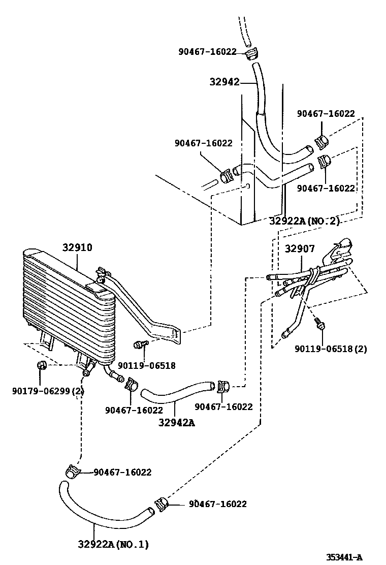 Toyota CAMRY 变速器油冷却器和配管(ATM) EPC diagram — 353441A