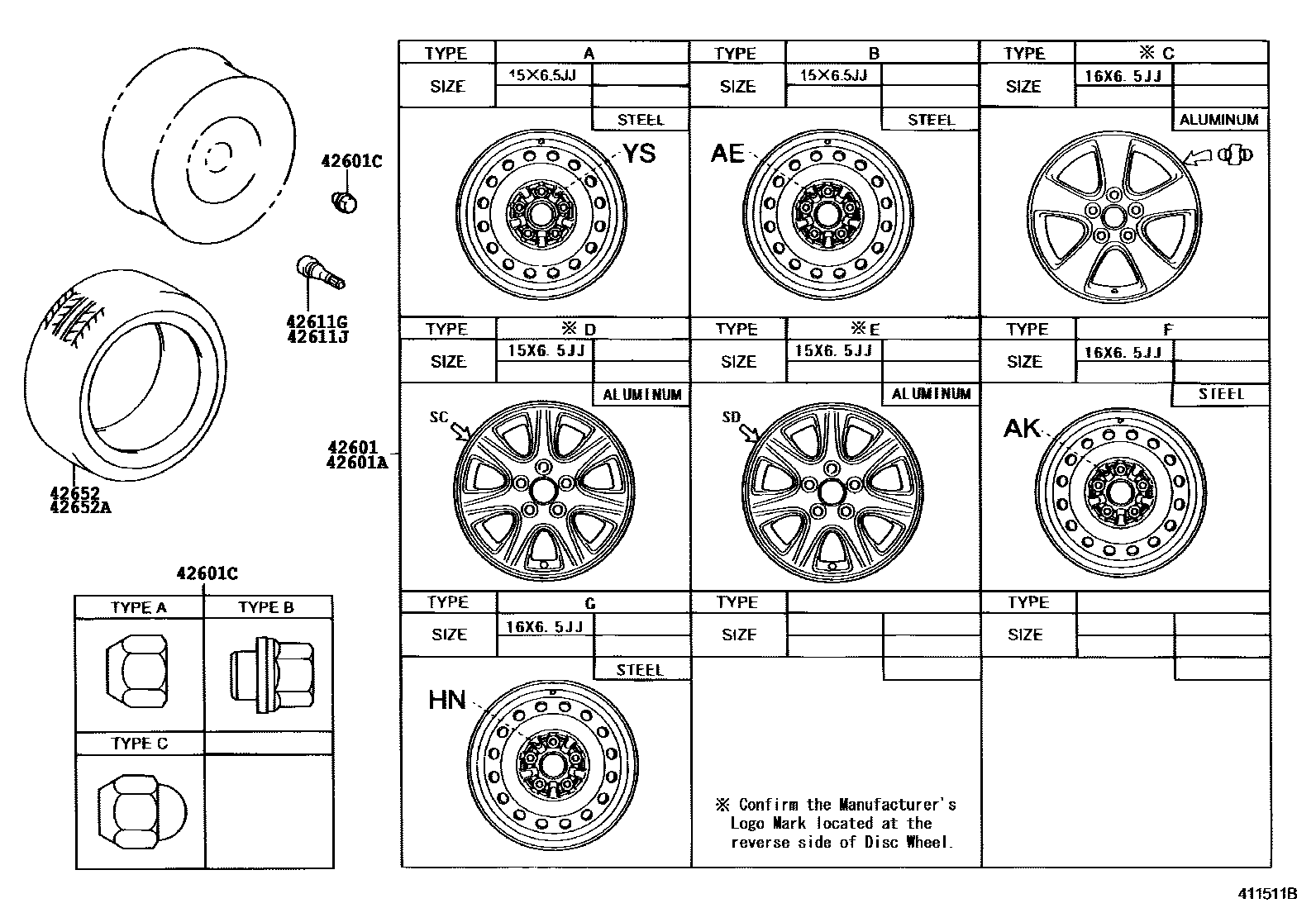Toyota CAMRY 车轮和车轮盖 EPC diagram — 411511B