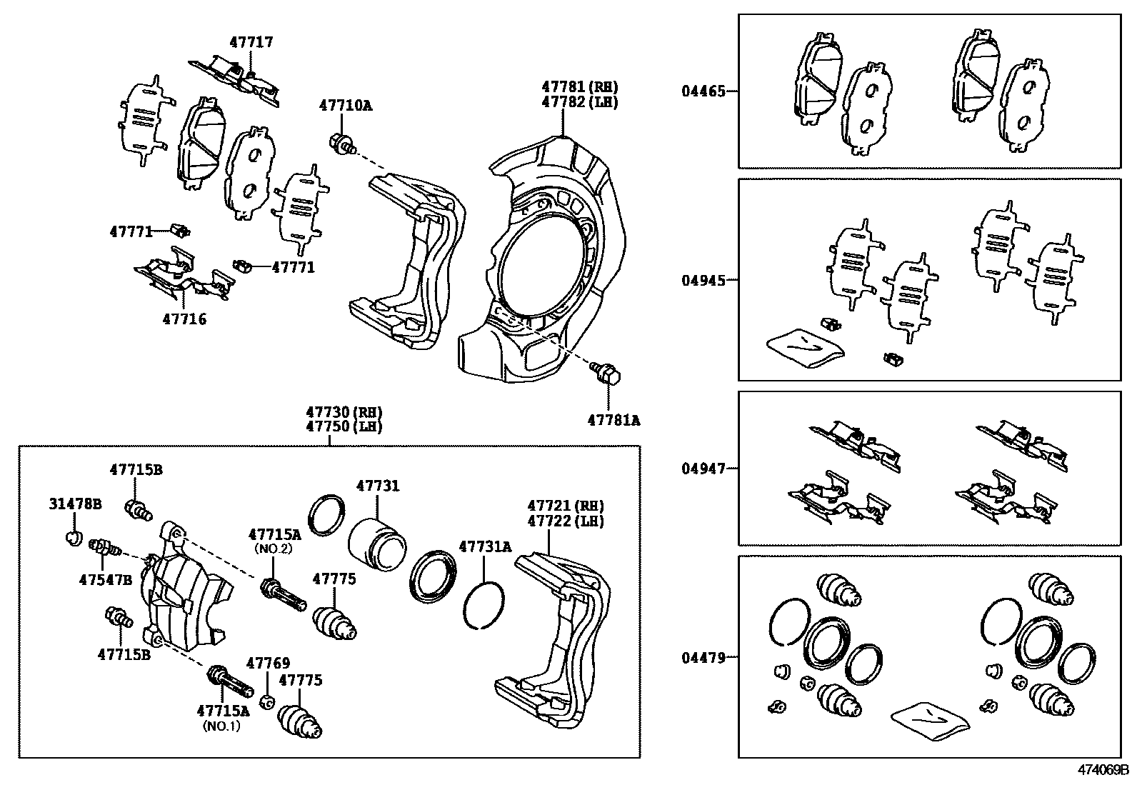 Toyota CAMRY 前盘式制动器卡钳和防尘罩 EPC diagram — 474069B