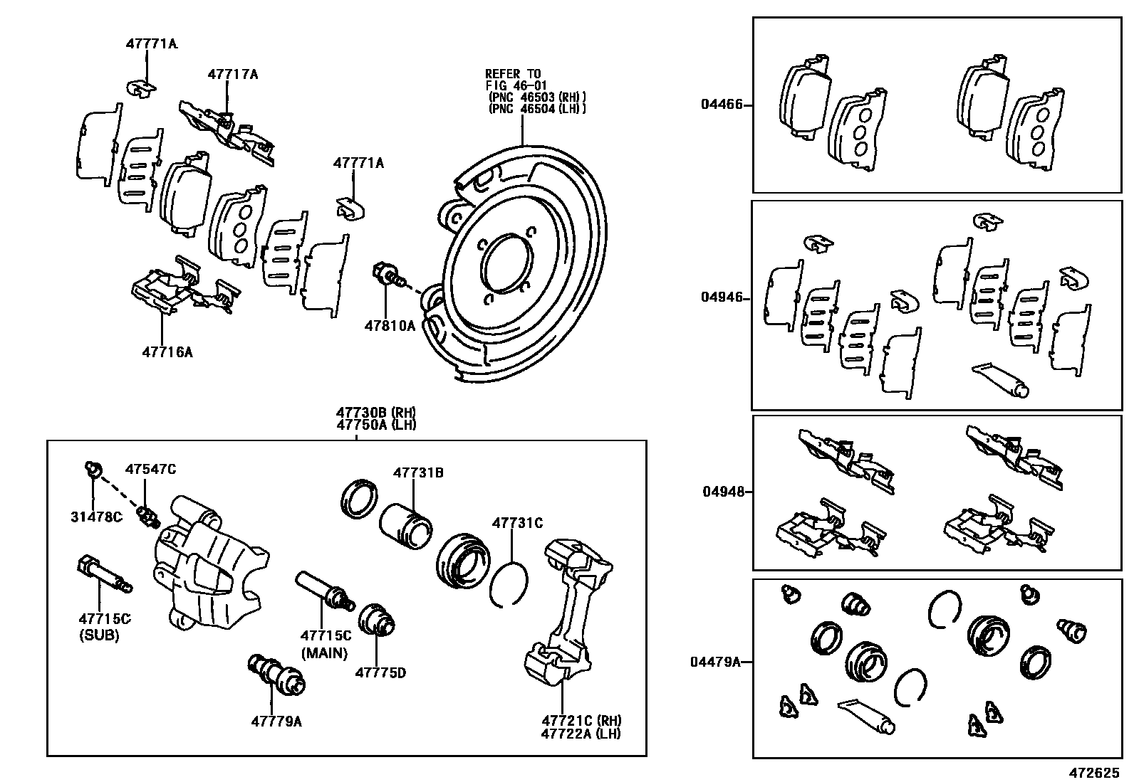 Toyota CAMRY 后盘式制动器卡钳和防尘罩 EPC diagram — 472625