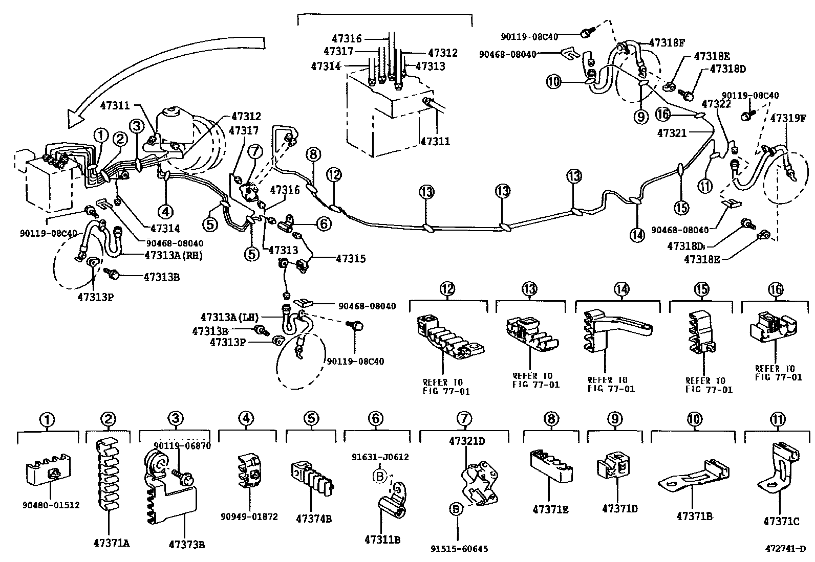 Toyota CAMRY 制动配管和卡箍 EPC diagram — 472741D