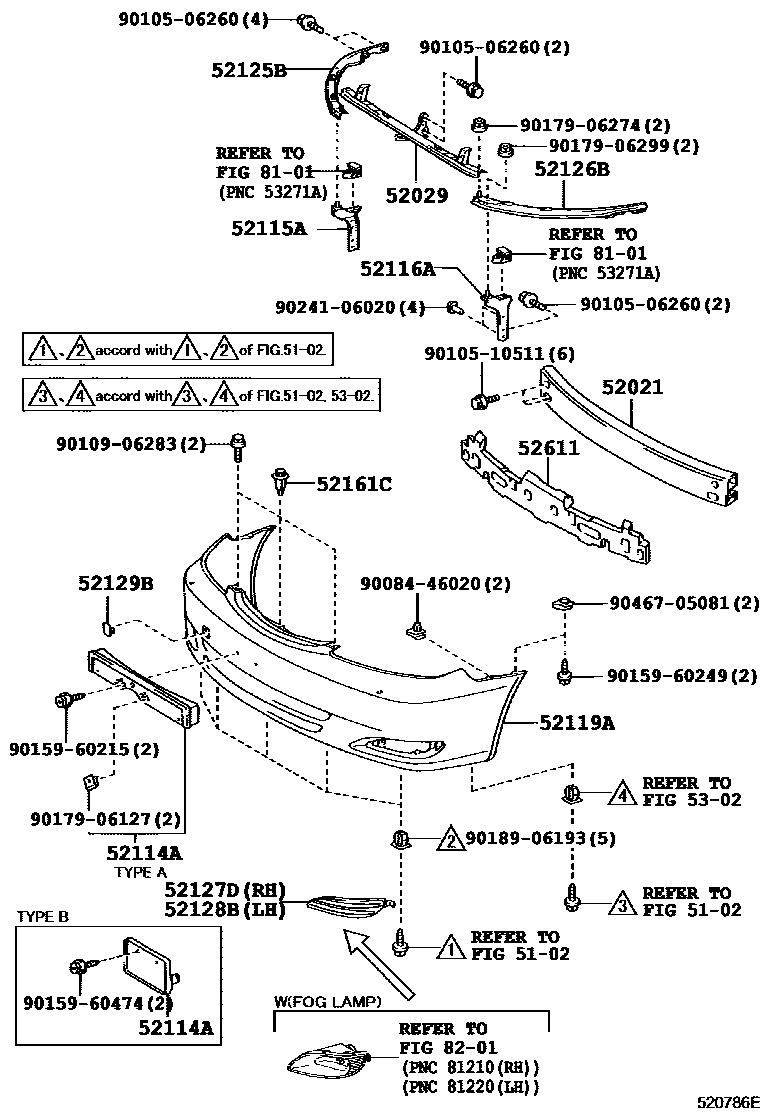 Toyota CAMRY 前保险杠及附件 EPC diagram — 520786E