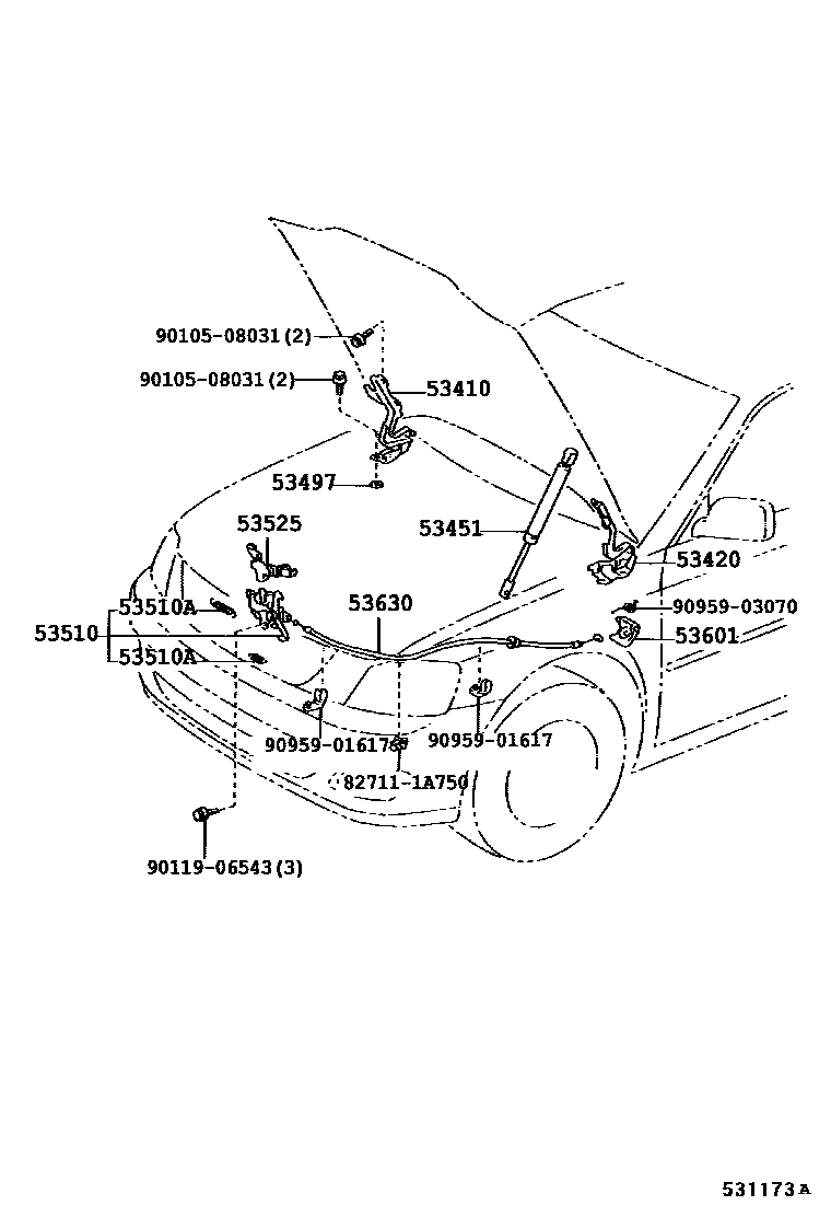 Toyota CAMRY 发动机盖锁和铰链 EPC diagram — 531173A