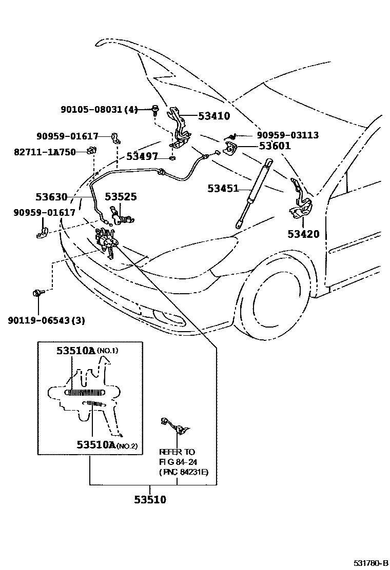Toyota CAMRY 发动机盖锁和铰链 EPC diagram — 531780B