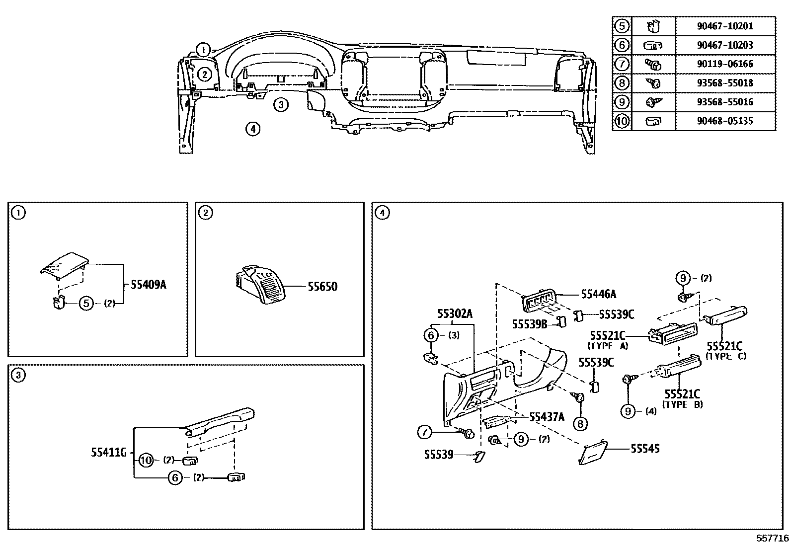 Toyota CAMRY 仪表板和手套箱 EPC diagram — 557716