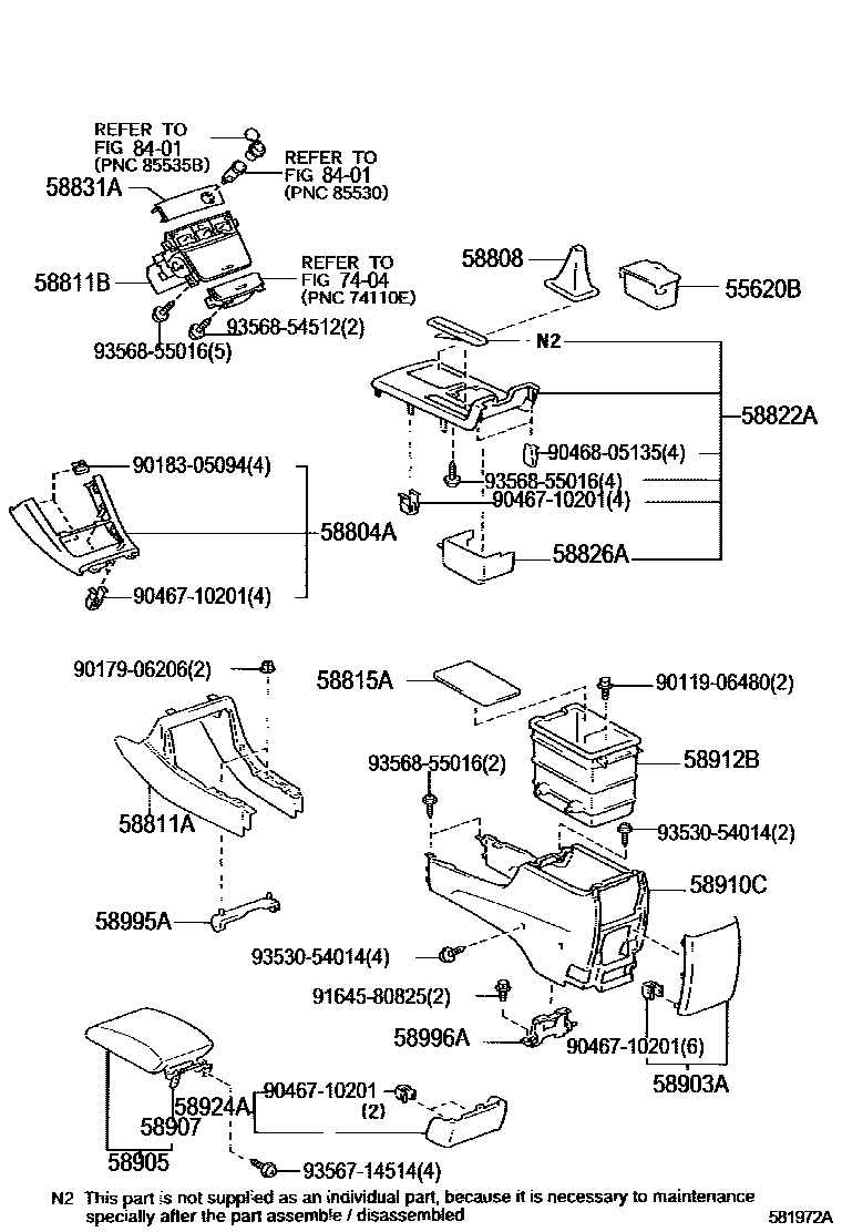 Toyota CAMRY 中央扶手箱和支架 EPC diagram — 581972A