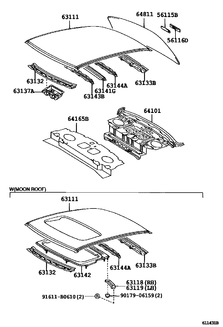 Toyota CAMRY 天窗板和背窗玻璃 EPC diagram — 611431B