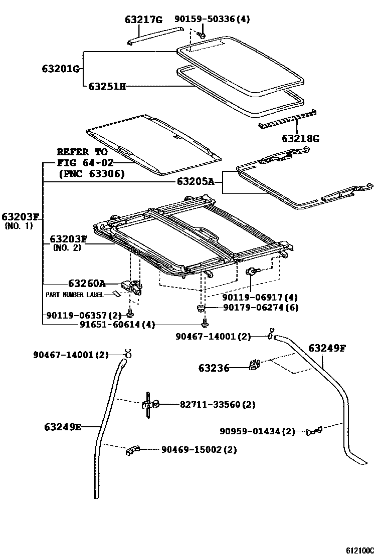 Toyota CAMRY 天窗板和背窗玻璃 EPC diagram — 612100C