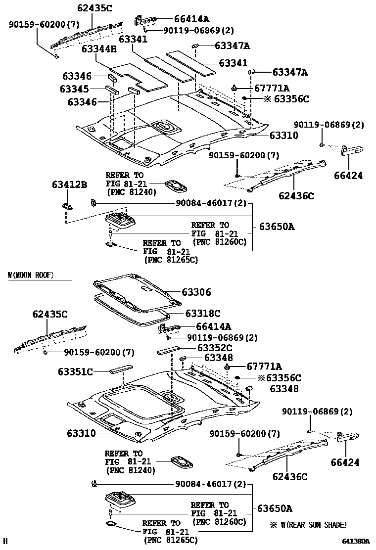 Toyota CAMRY 车顶内衬和消声垫 EPC diagram — 641380A
