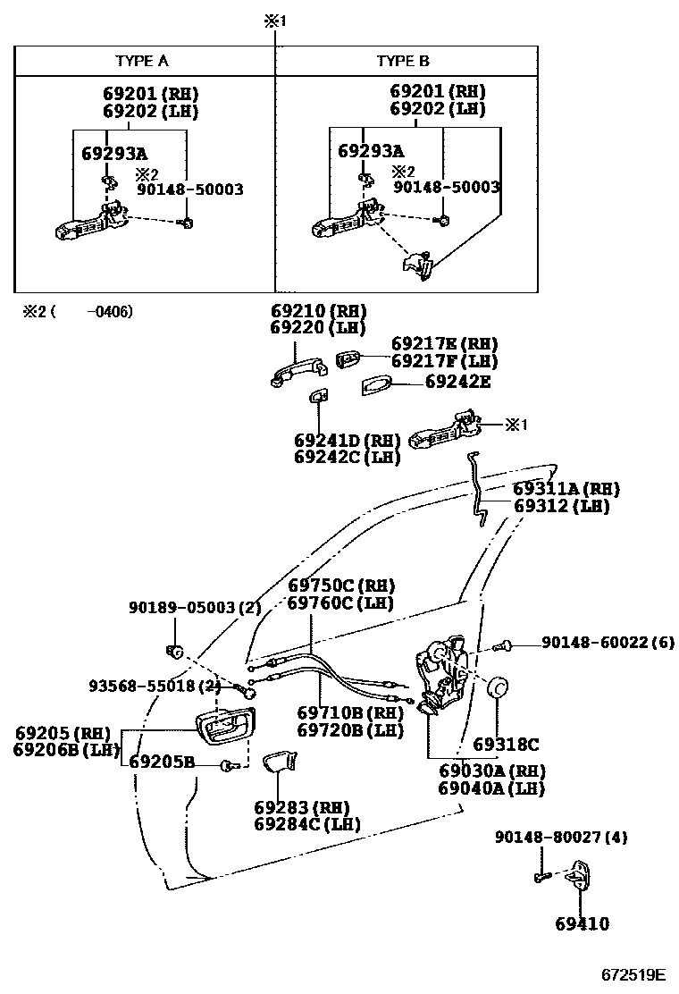 Toyota CAMRY 前门锁和车门把手 EPC diagram — 672519E
