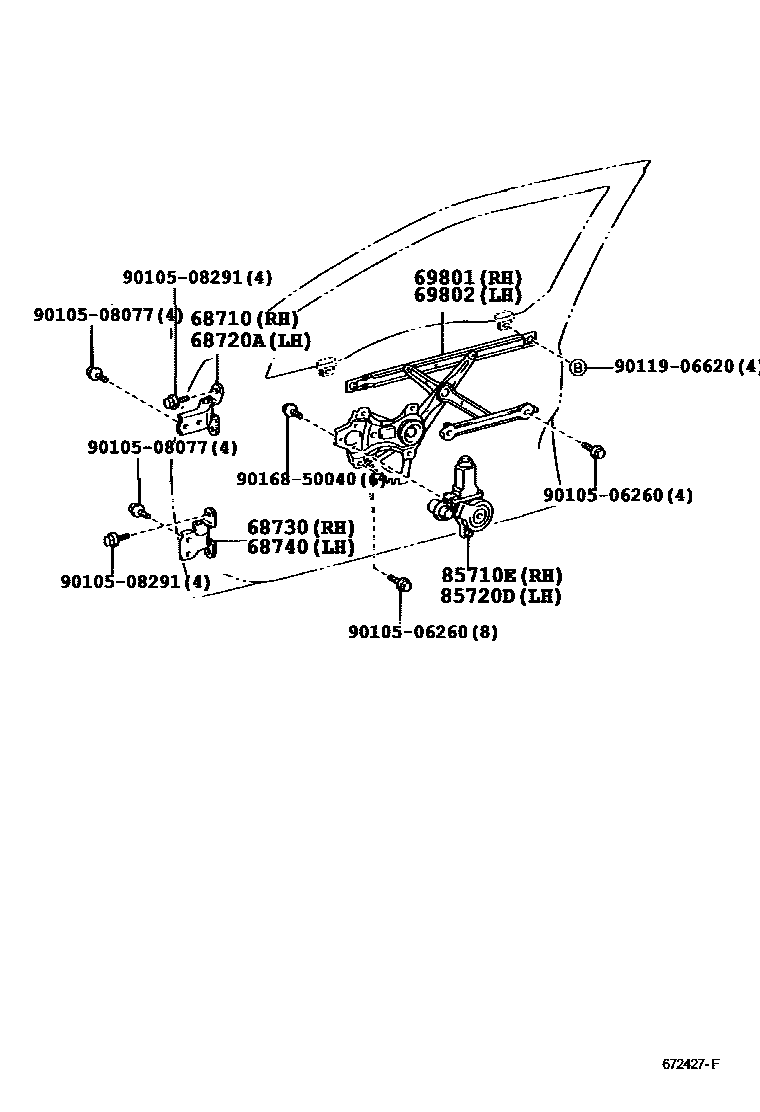 Toyota CAMRY 前门车窗升降器和合页 EPC diagram — 672427F