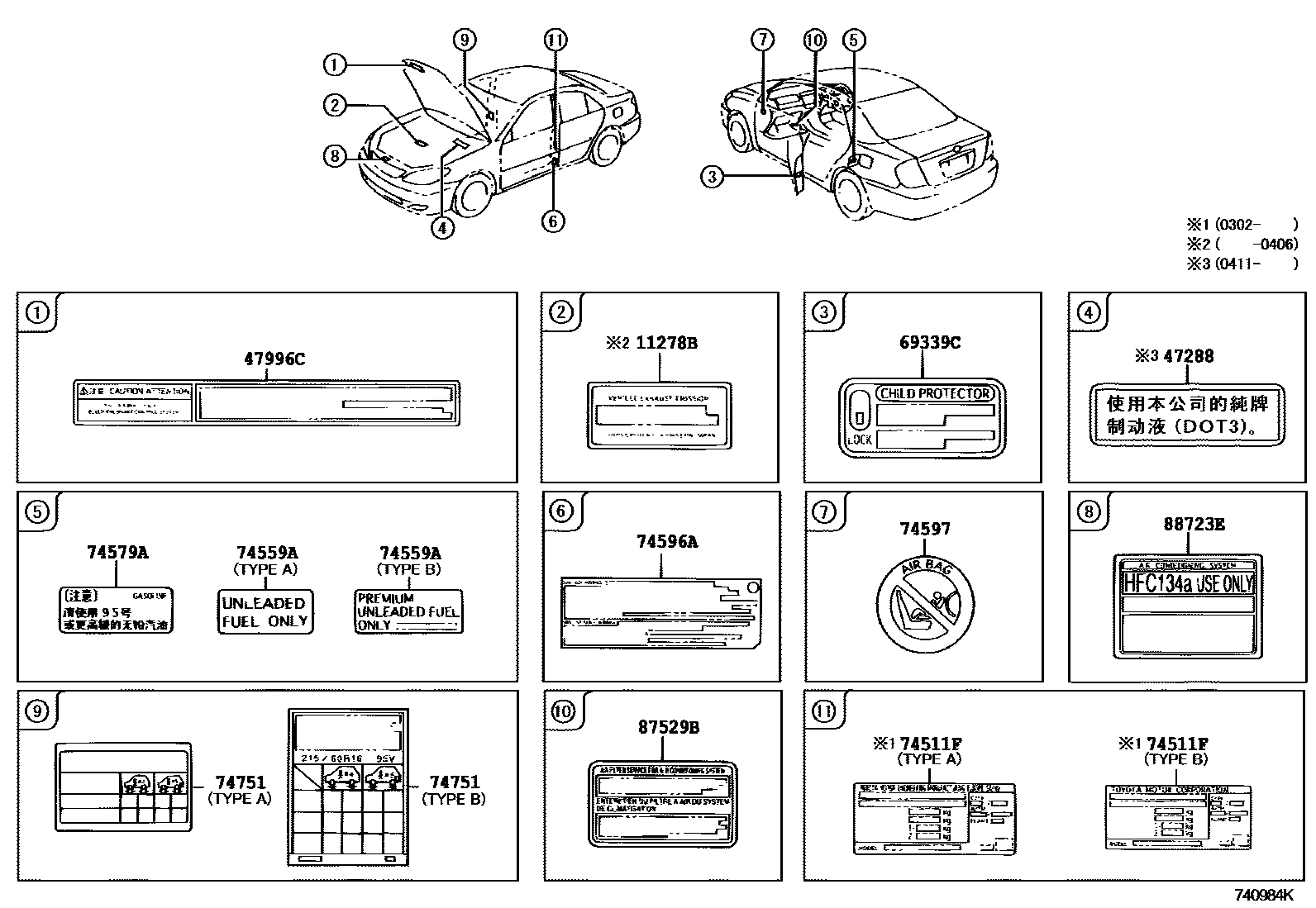 Toyota CAMRY 警示铭牌(车外和车内) EPC diagram — 740984K