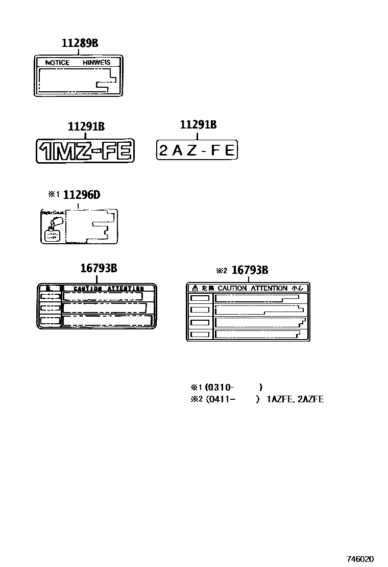 Toyota CAMRY 警示铭牌(车外和车内) EPC diagram — 746020