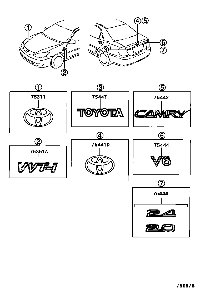 Toyota CAMRY 丰田徽标和铭牌(车外和车内) EPC diagram — 750978