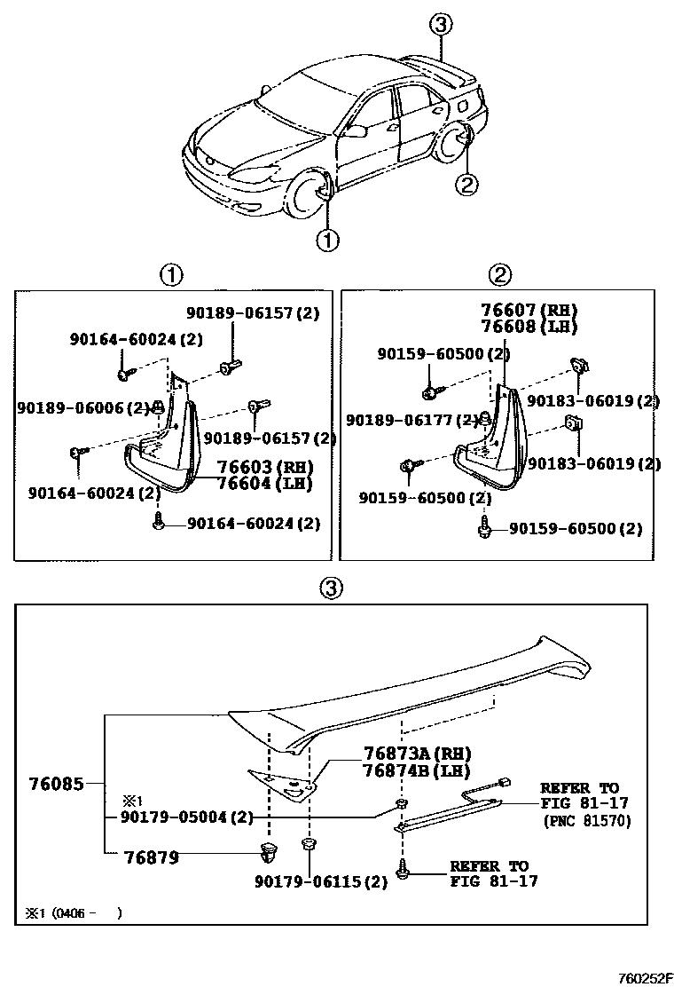 Toyota CAMRY 挡泥板和扰流板 EPC diagram — 760252F
