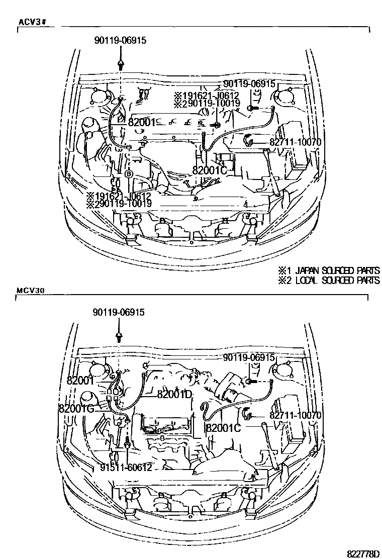 Toyota CAMRY 线束和卡夹 EPC diagram — 822778D