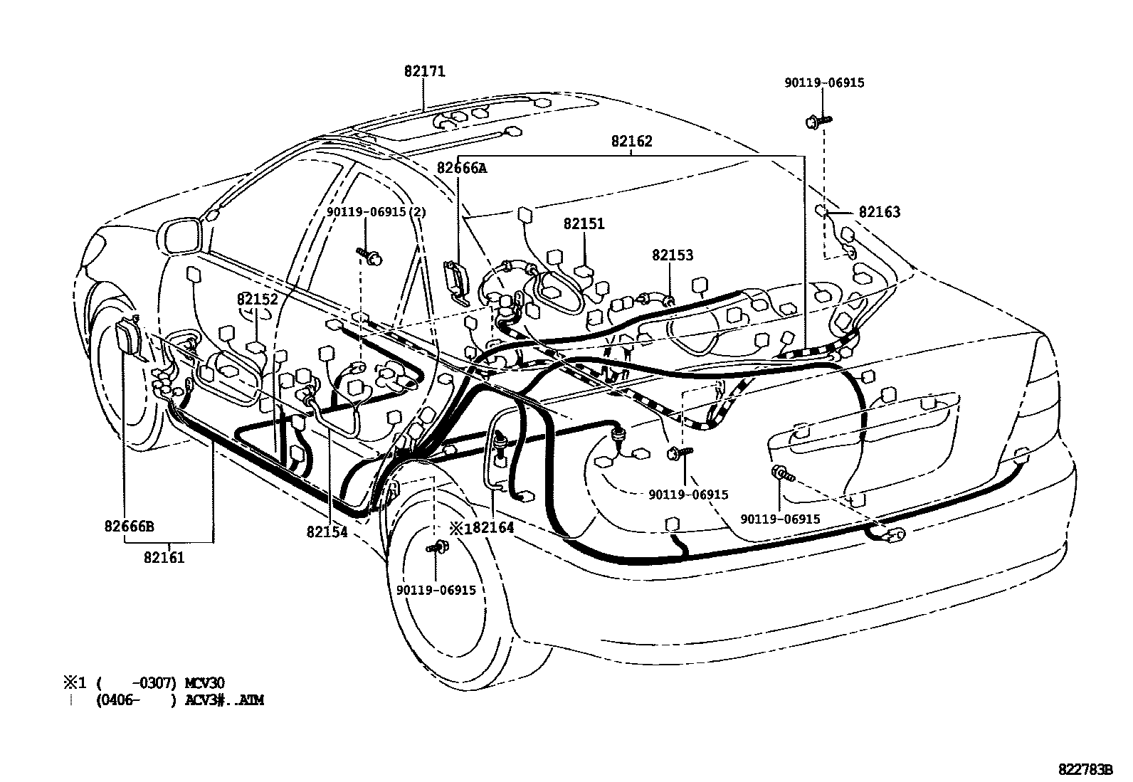 Toyota CAMRY 线束和卡夹 EPC diagram — 822783B